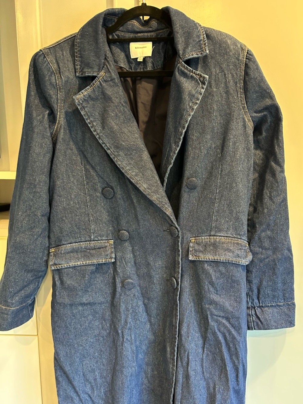 Reformation Denim Long Double-Breasted Coat - Blue, size S, length  approx 52 in